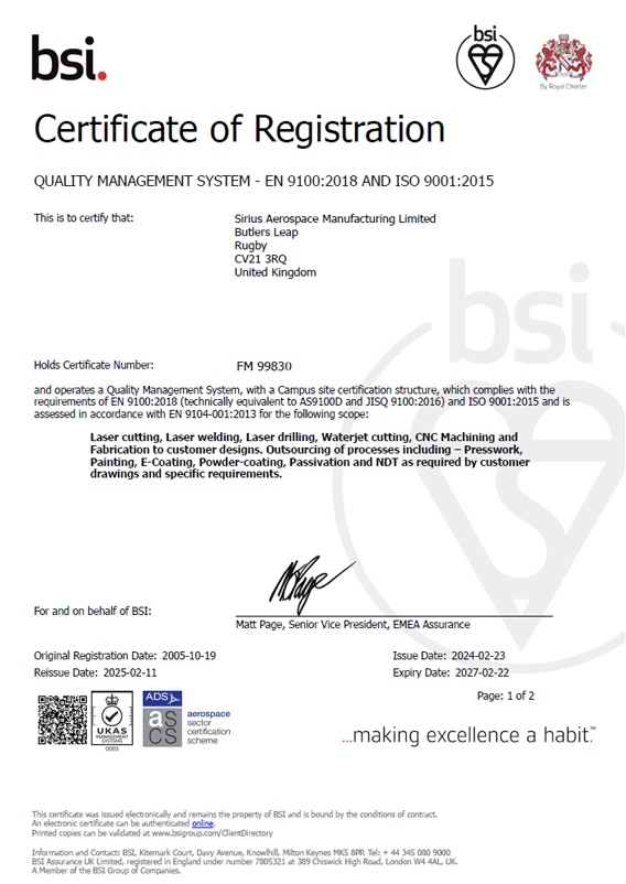 BSI Certificate FM99830 prEN 9100 2021