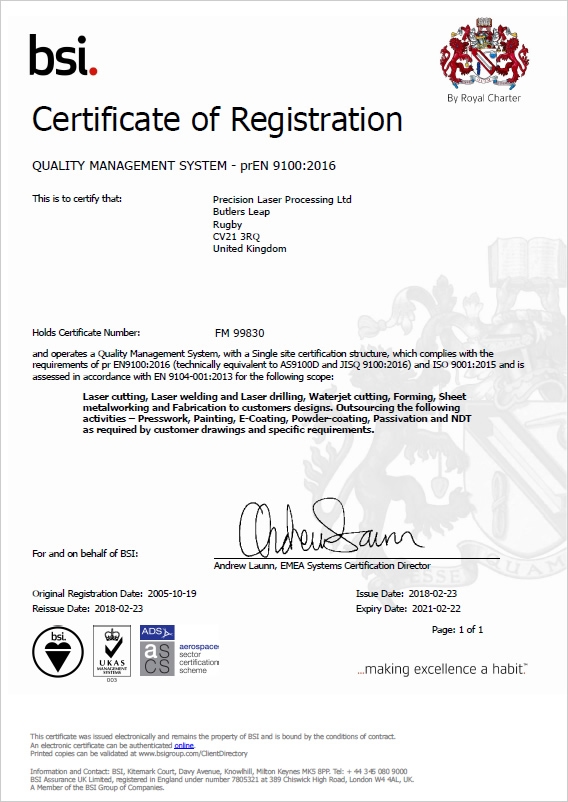 BSI Certificate FM99830 prEN 9100 2021
